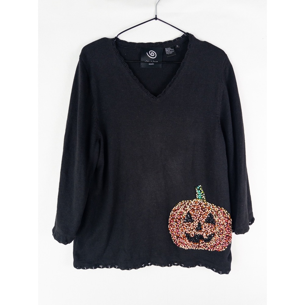 Michael Simon Event Beaded Pumpkin Sweater Womens XL Black Halloween Vintage Fes